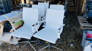 6 X DESIGNER CHROME FRAMED OFFICE CHAIRS PLUS A DRY WIPE BOARD.