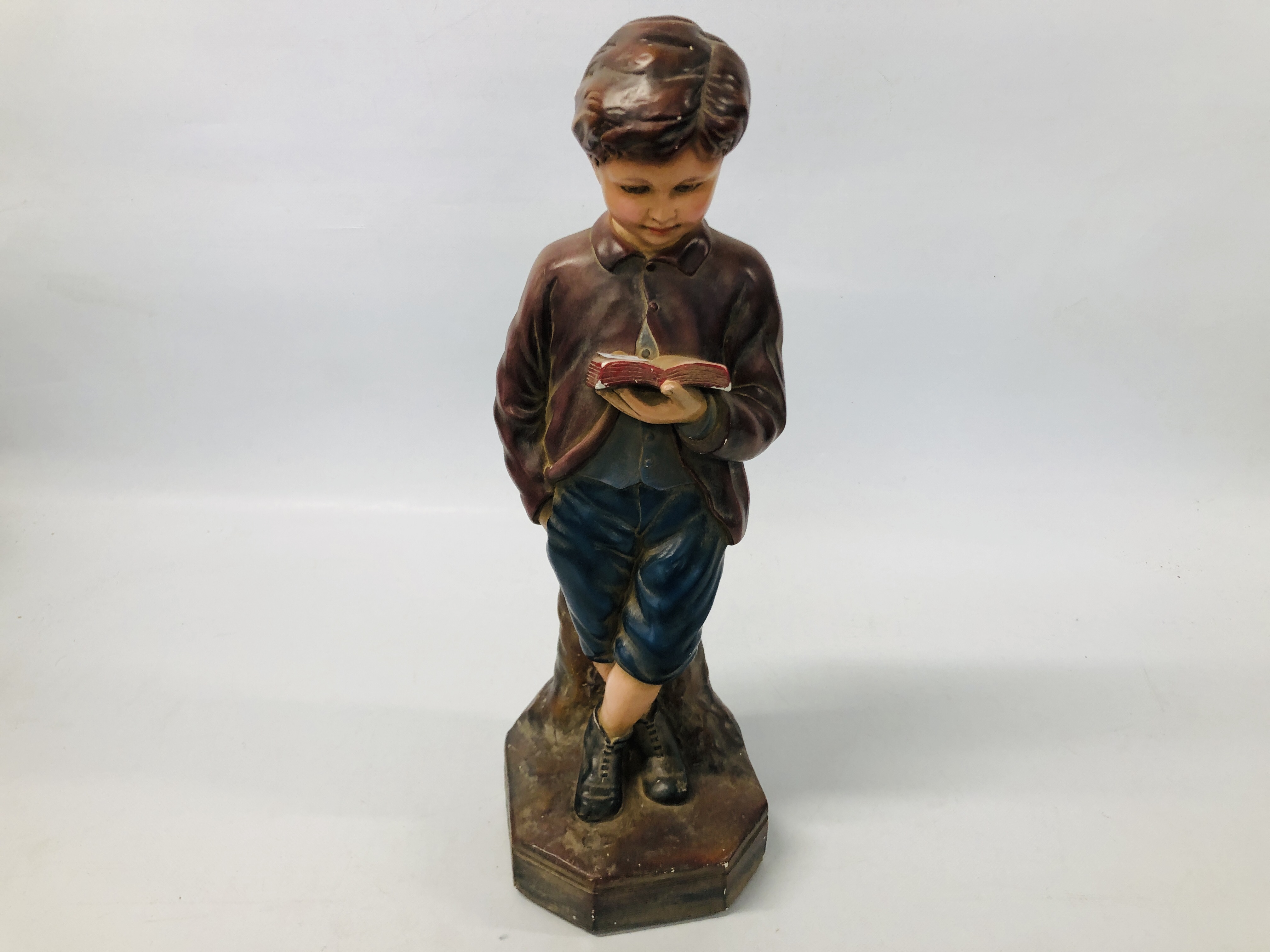 A VINTAGE POLYCHROME PLASTER STUDY OF A YOUNG BOY READING "INTERIORS No 12" HEIGHT 50CM. - Image 2 of 7