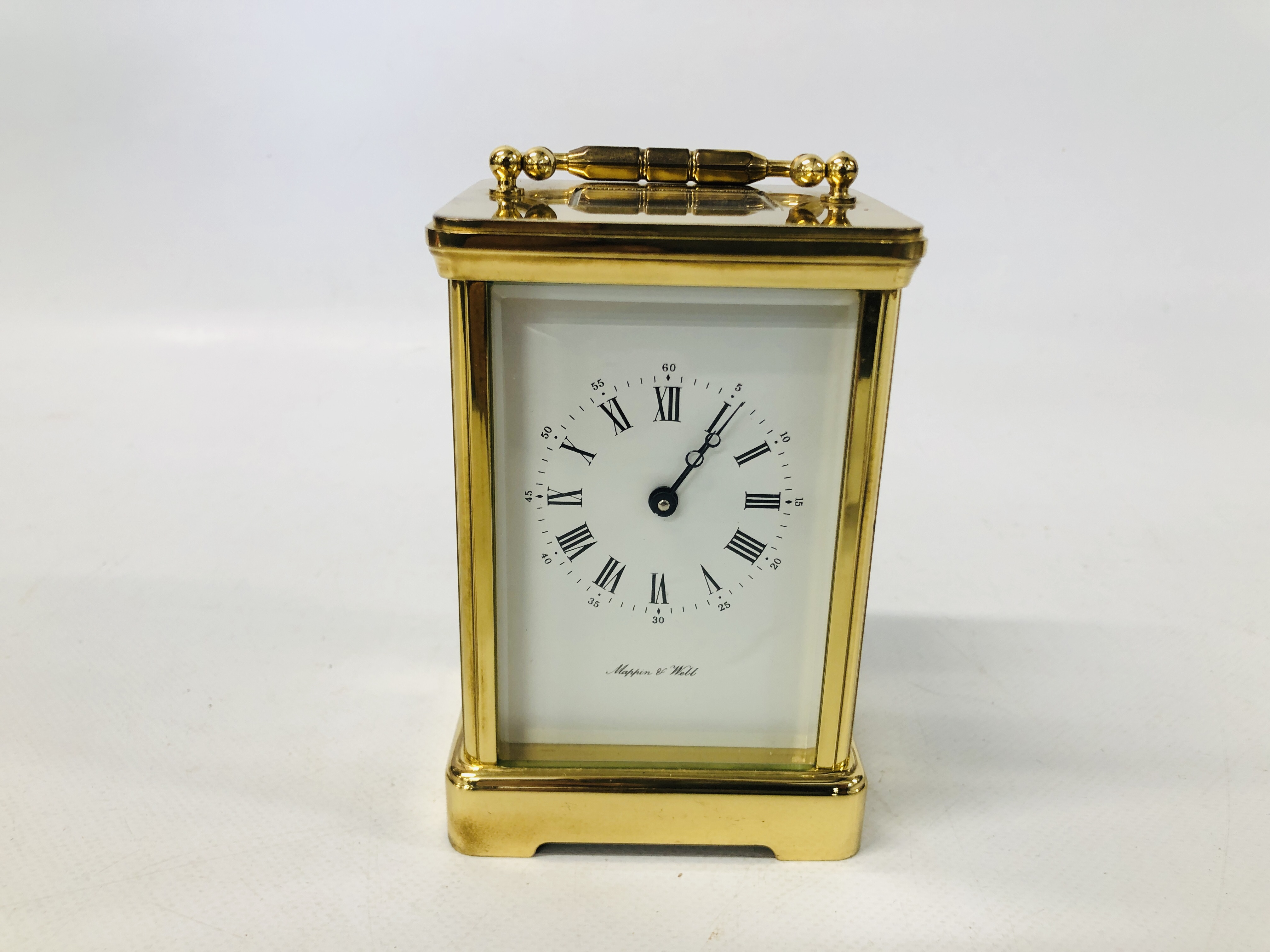 A MAPPIN AND WEBB MODERN BRASS CASED CARRIAGE CLOCK WITH PRESENTATION PLAQUE TO REVERSE HEIGHT 13.