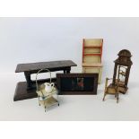 ANTIQUE DOLLS HOUSE FURNITURE TO INCLUDE INLAID MIRROR, METAL WASH STAND, MINIATURE OAK TABLE,