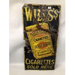 A VINTAGE "WILLS GOLD FLAKE CIGARETTES" ENAMEL ADVERTISING SIGN, W 46CM, H 19CM - POOR CONDITION.