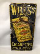 A VINTAGE "WILLS GOLD FLAKE CIGARETTES" ENAMEL ADVERTISING SIGN, W 46CM, H 19CM - POOR CONDITION.