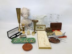 BOX OF ASSORTED SUNDRIES TO INCLUDE PAIR OF ART GLASS CANDLESTICKS, WORCESTER MINATURE CLOCKS, MAPS,