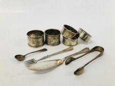 FIVE VARIOUS SILVER NAPKIN RINGS, GEORGIAN SILVER FORK,