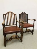 PAIR OF OAK FRAMED STRUNG BACK ELBOW CHAIRS WITH TANNED LEATHERETTE SEATS.