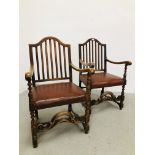 PAIR OF OAK FRAMED STRUNG BACK ELBOW CHAIRS WITH TANNED LEATHERETTE SEATS.