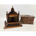 A MAGICIANS DICE BOX AND MAHOGANY CORNER SHELF WITH GILT AND BRANCH DETAIL.