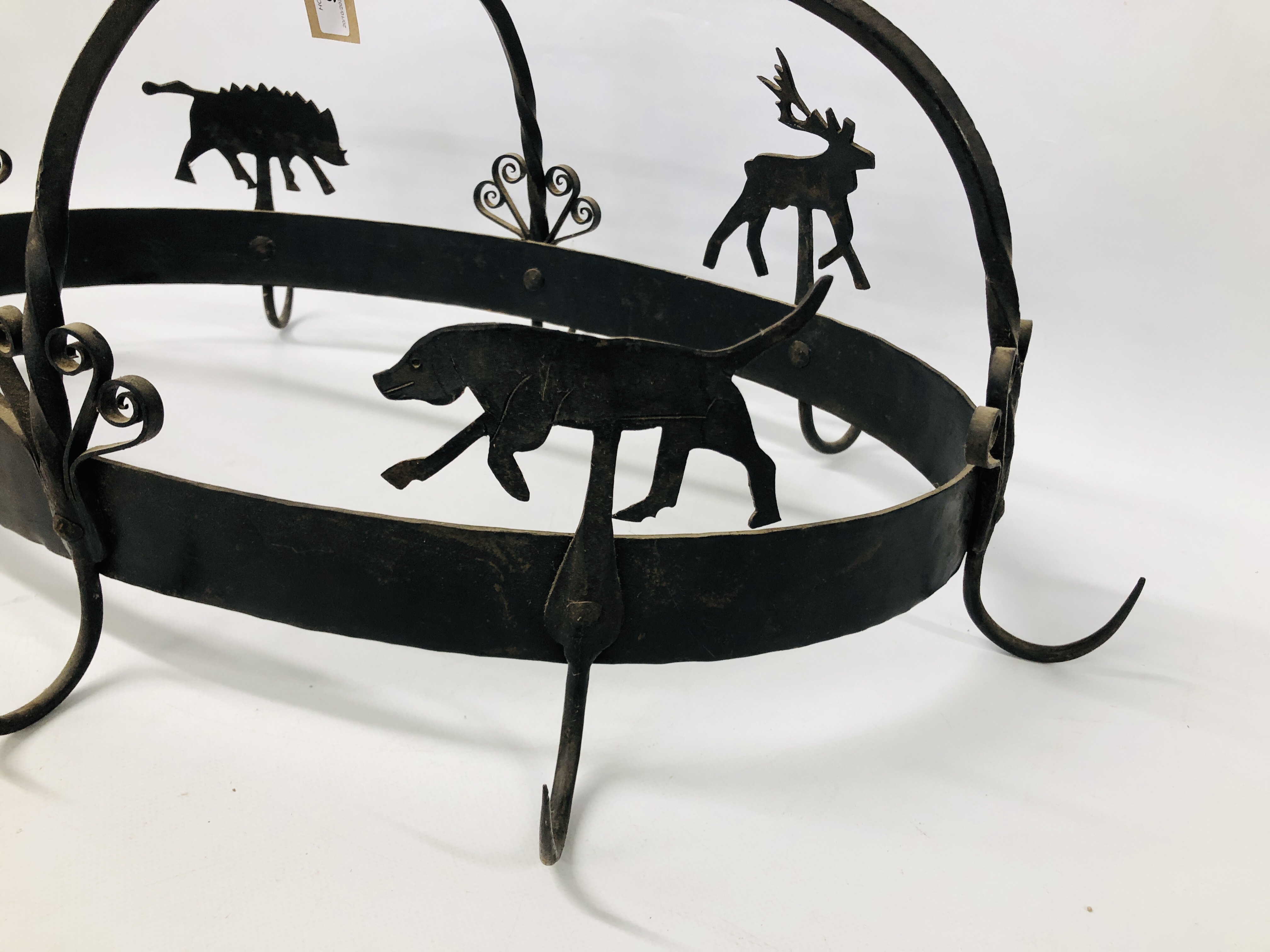 A WROUGHT METAL HANGING MEAT HOOK DECORATED WITH DEER, DOGS AND BOAR. - Image 2 of 5