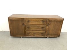 MID CENTURY ERCOL GOLDEN DAWN THREE DRAWER TWO DOOR SIDEBOARD W 156CM, D 44CM, H 69CM.