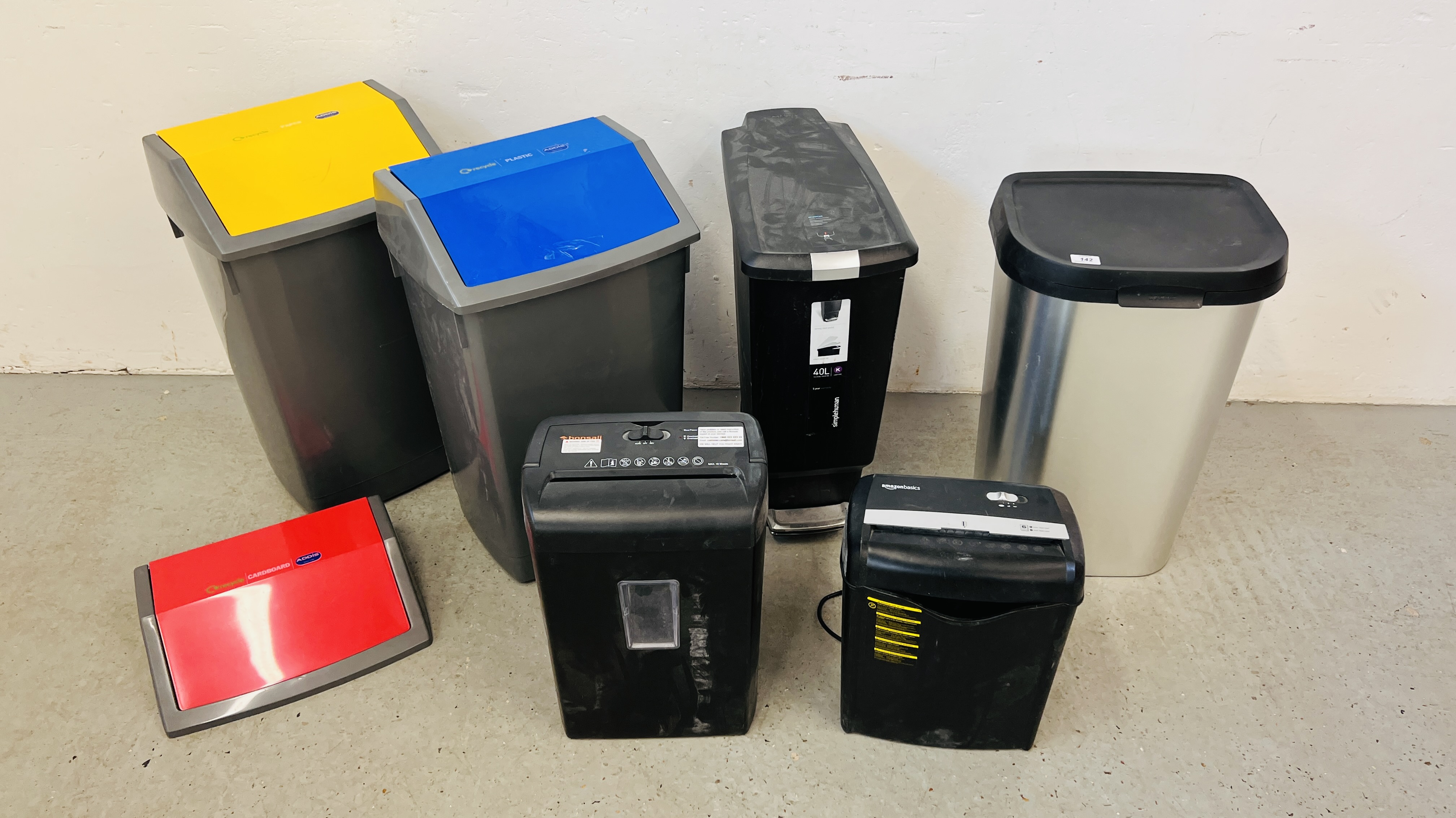 FOUR VARIOUS WASTE BINS AND TWO OFFICE PAPER SHREDDERS - SOLD AS SEEN.