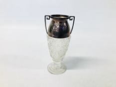 A TWO HANDLED SILVER MOUNTED CUT GLASS VASE HEIGHT 16CM.