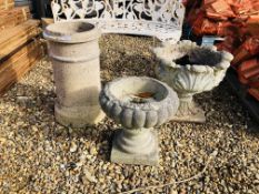 TWO STONEWORK GARDEN PEDESTAL PLANTERS AND RECLAIMED CHIMNEY POT A/F.
