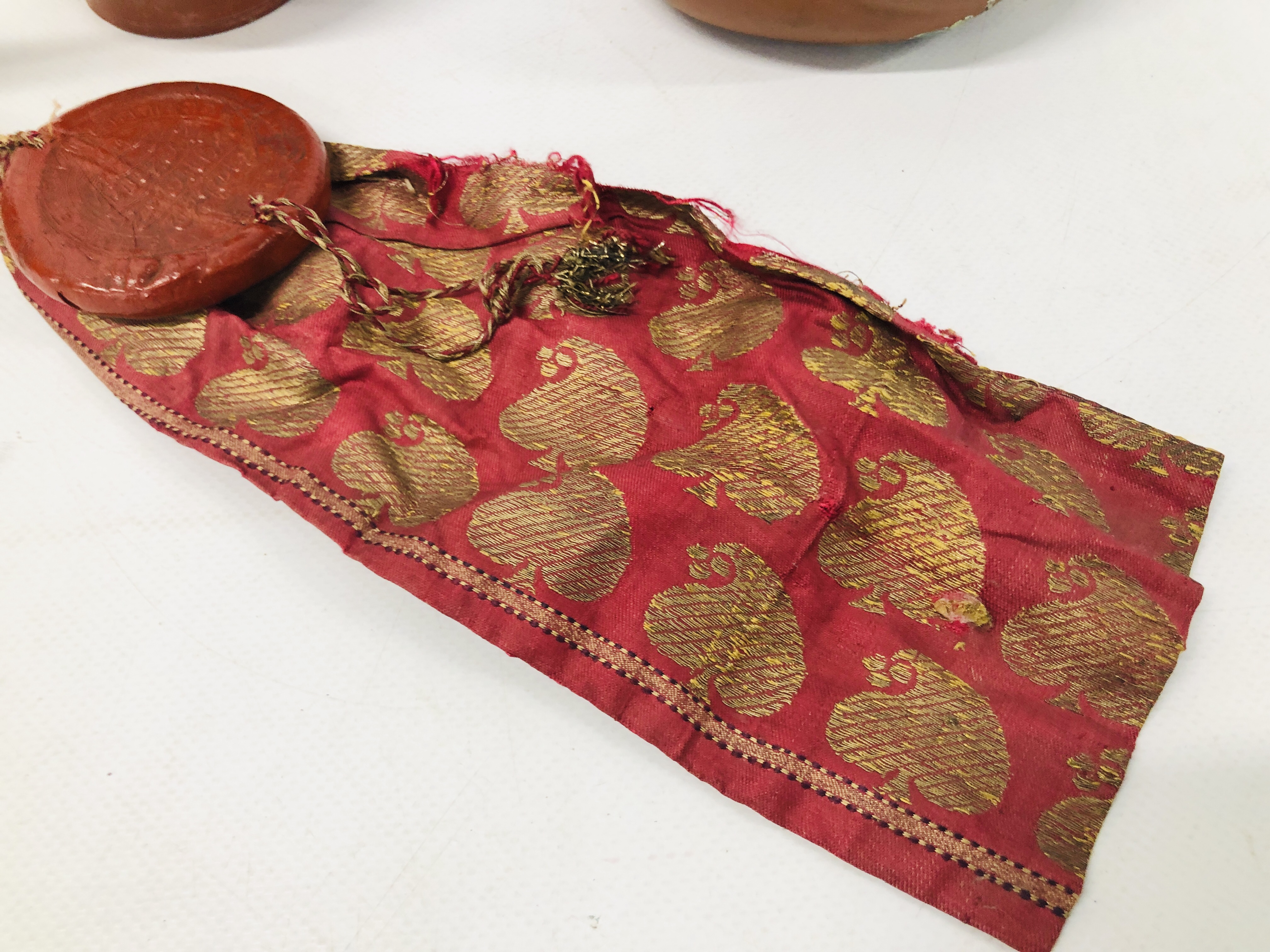 THREE ORIENTAL RED WARE TEA POTS AND JUG + ORIENTAL SEAL ON SILK ROBE. - Image 2 of 10