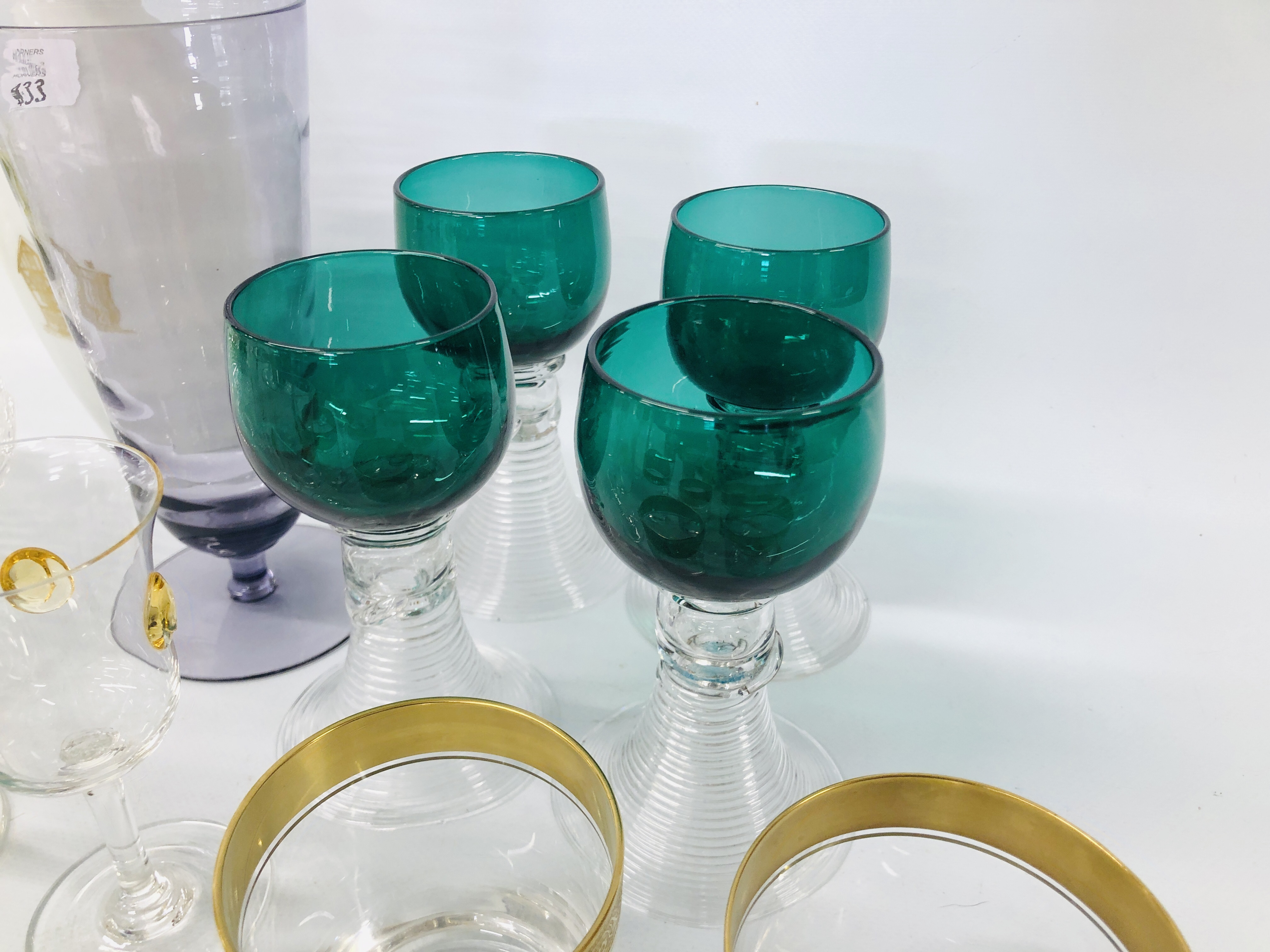A GROUP OF THERESIENTHAL ACID ETCHED AND GILDED TUMBLERS AND SHERRY GLASSES, - Image 3 of 6