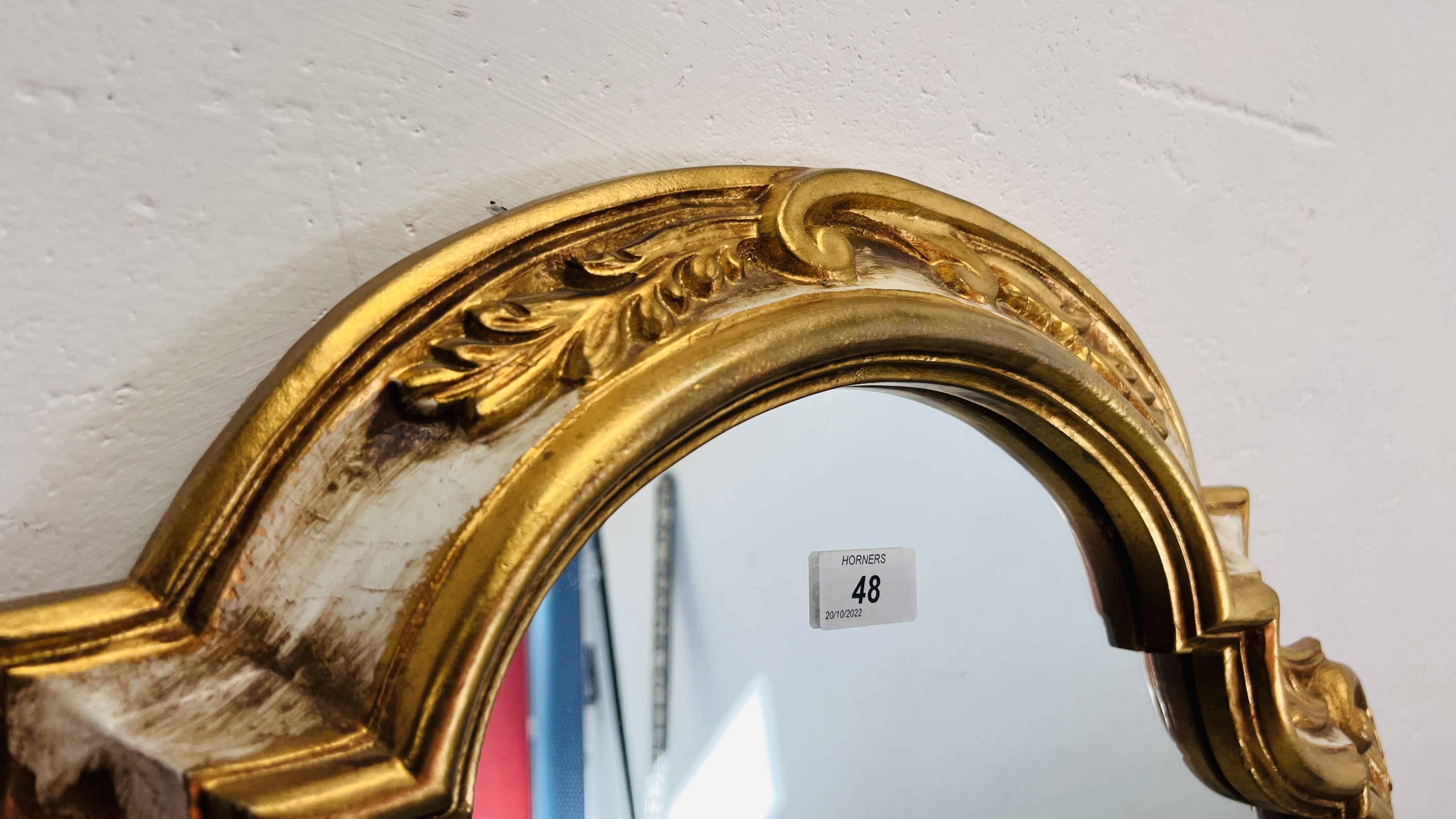 ORNATE SHAPED WALL MIRROR IN GILT DECORATED FRAMEWORK - HEIGHT 100CM. WIDTH 66CM. - Image 2 of 5