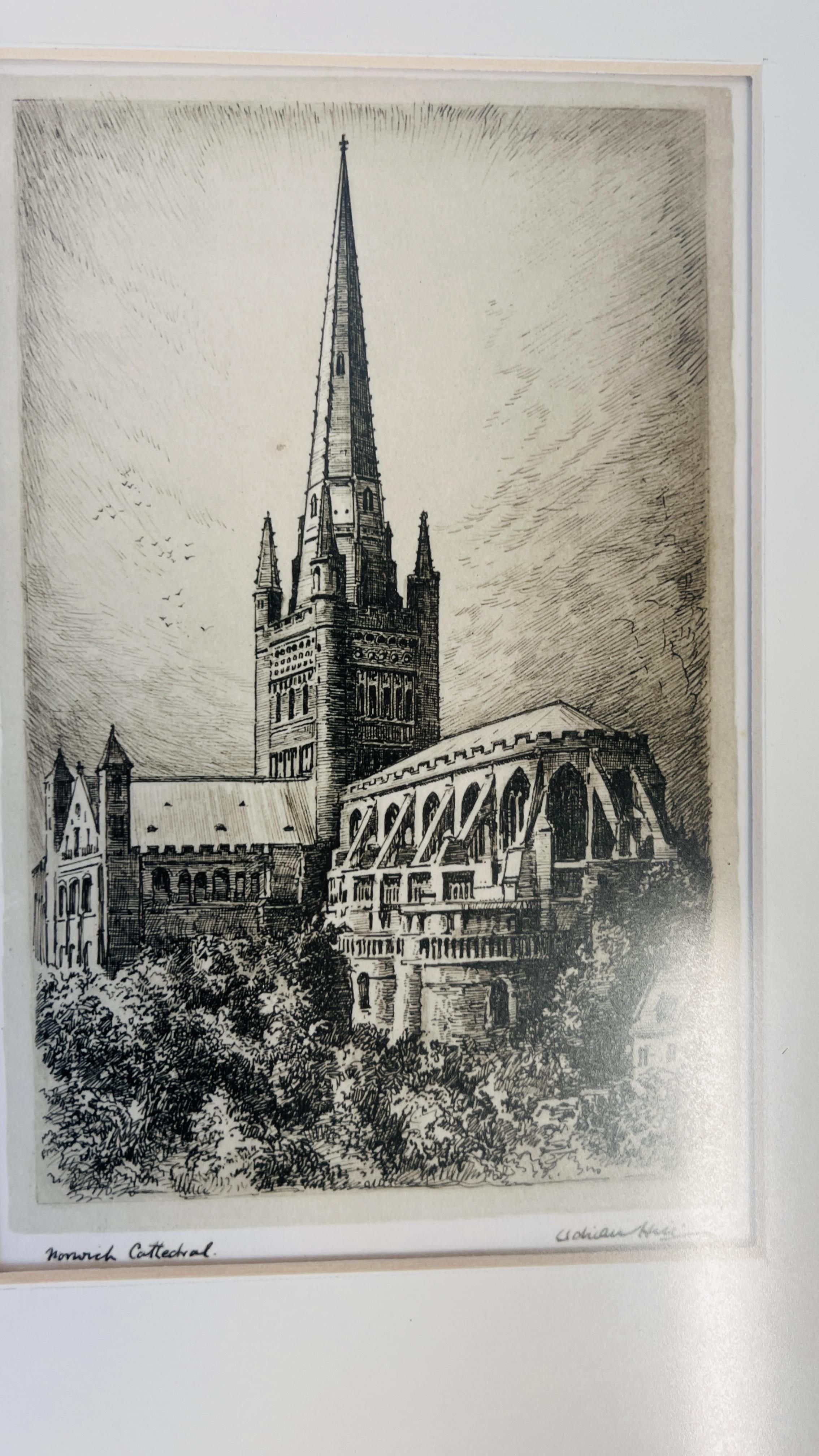 A GROUP OF NINE FRAMED ETCHINGS AND ENGRAVINGS TO INCLUDE NORWICH CATHEDRAL, ARCHITECTURAL ETC. - Image 11 of 11