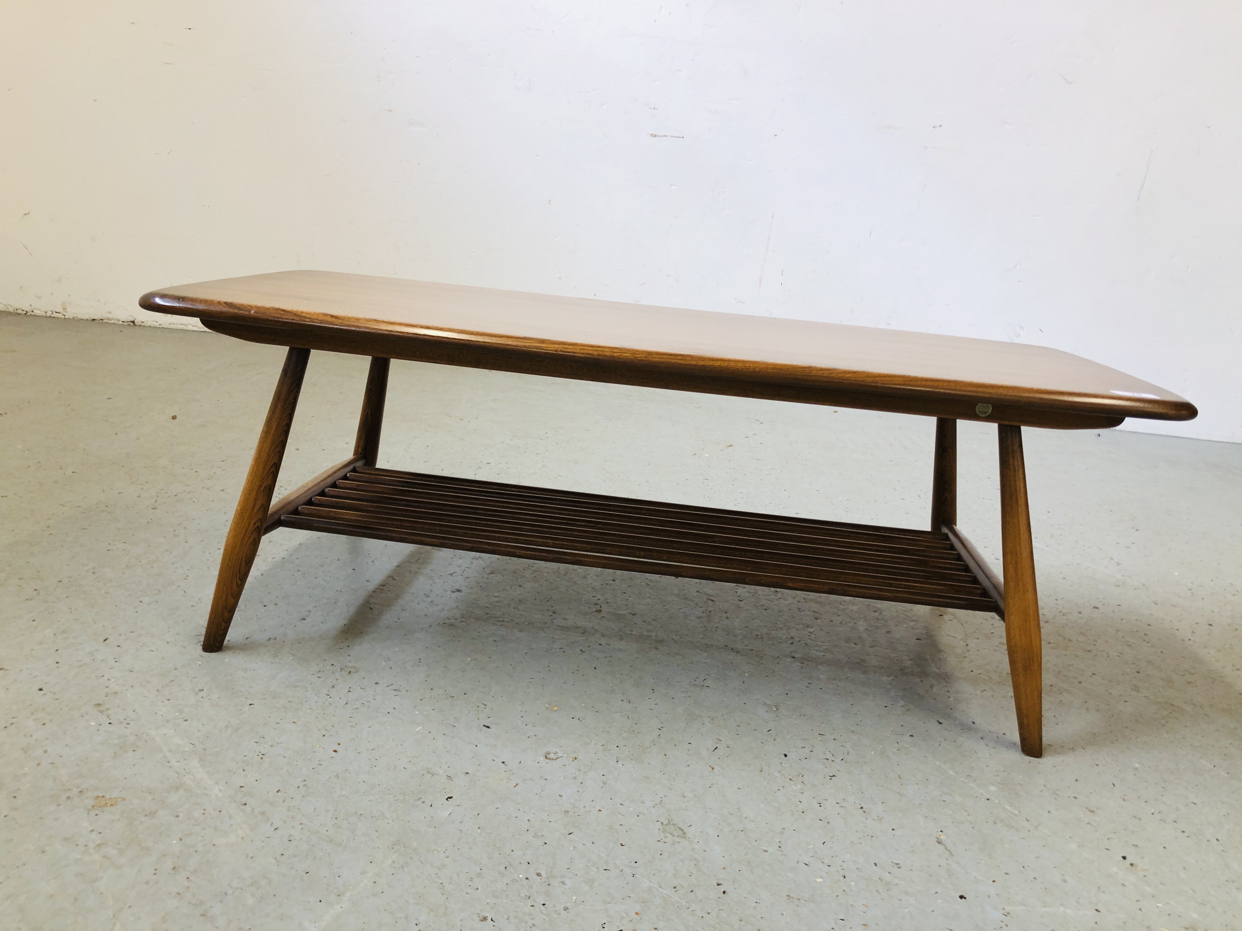 MID CENTURY ERCOL GOLDEN DAWN RECTANGLE COFFEE TABLE WITH SHELF BELOW L 105CM, D 46CM, H 36CM. - Image 2 of 6