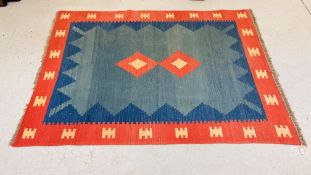 AN AZTEC DESIGN RUG BLUE/RED DESIGN 197CM X 147CM.