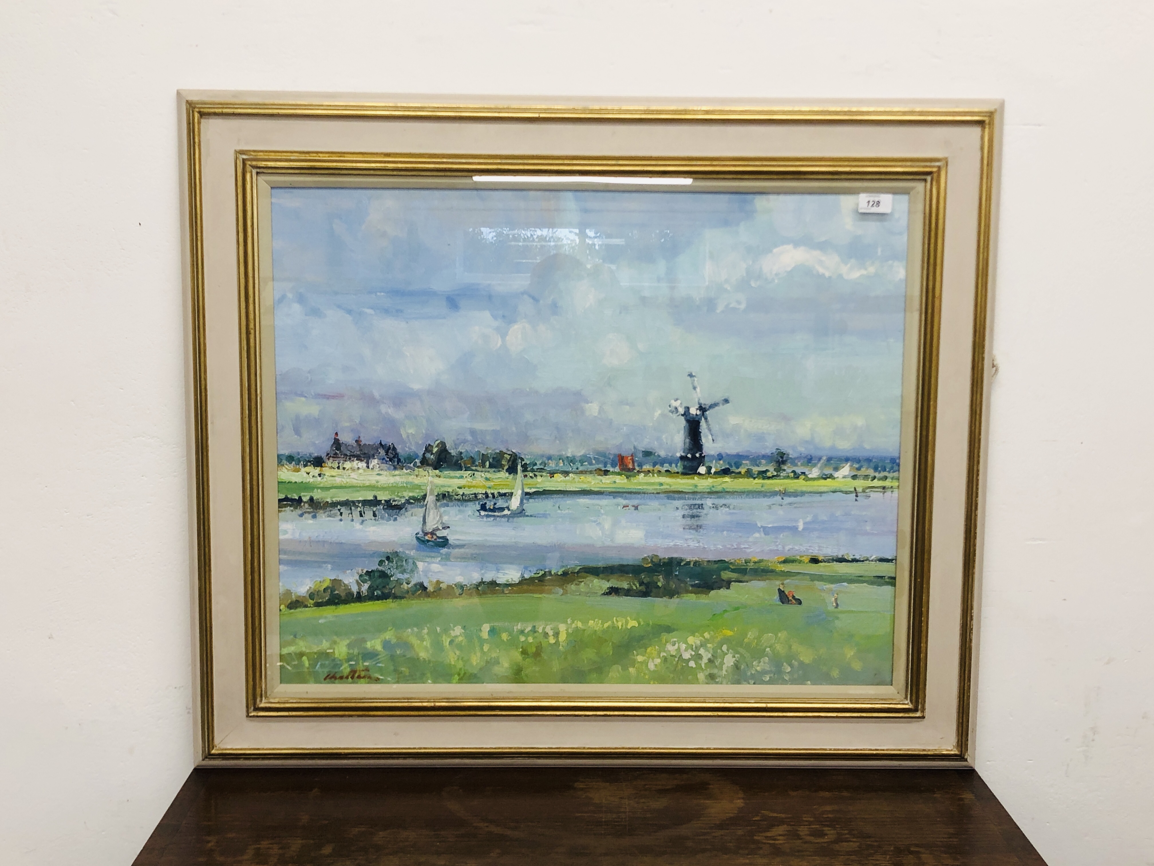 FRAMED "CHATTEN" OIL ON BOARD BROADLAND SCENE - W 74CM. X H 59CM.