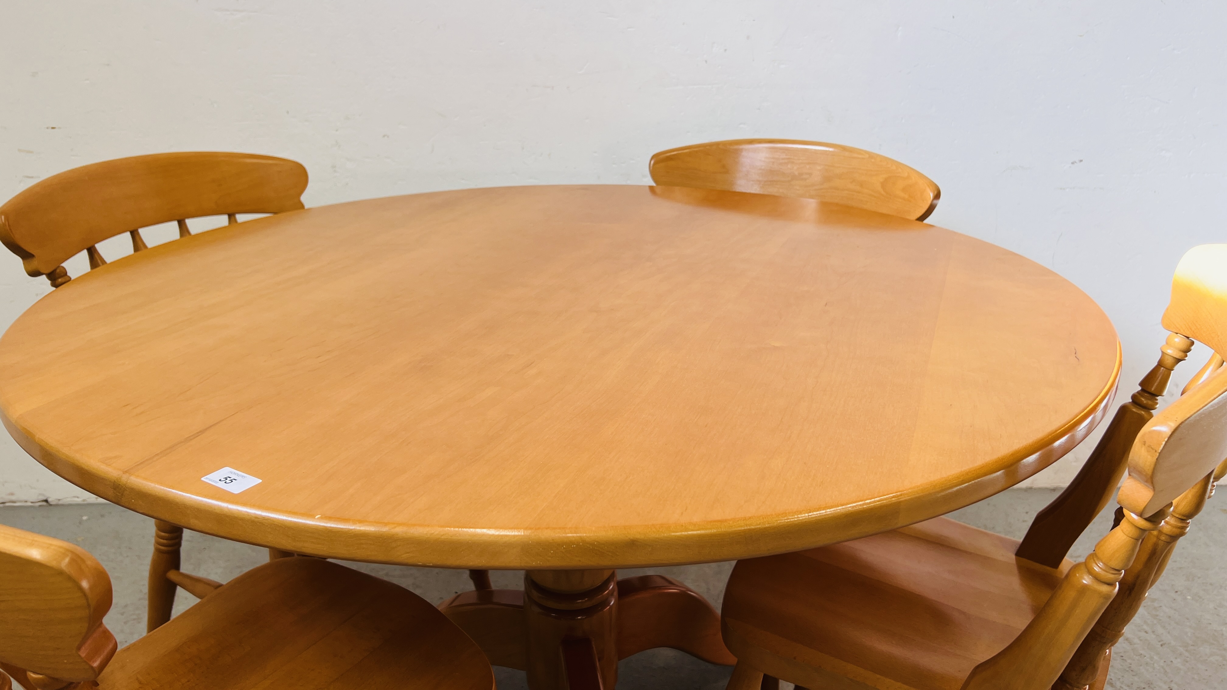 A SOLID MAPLE CIRCULAR TOPPED DINING TABLE ON PEDESTAL BASE ALONG WITH 4 BEACH CHAIRS IN CHERRY - Image 4 of 10