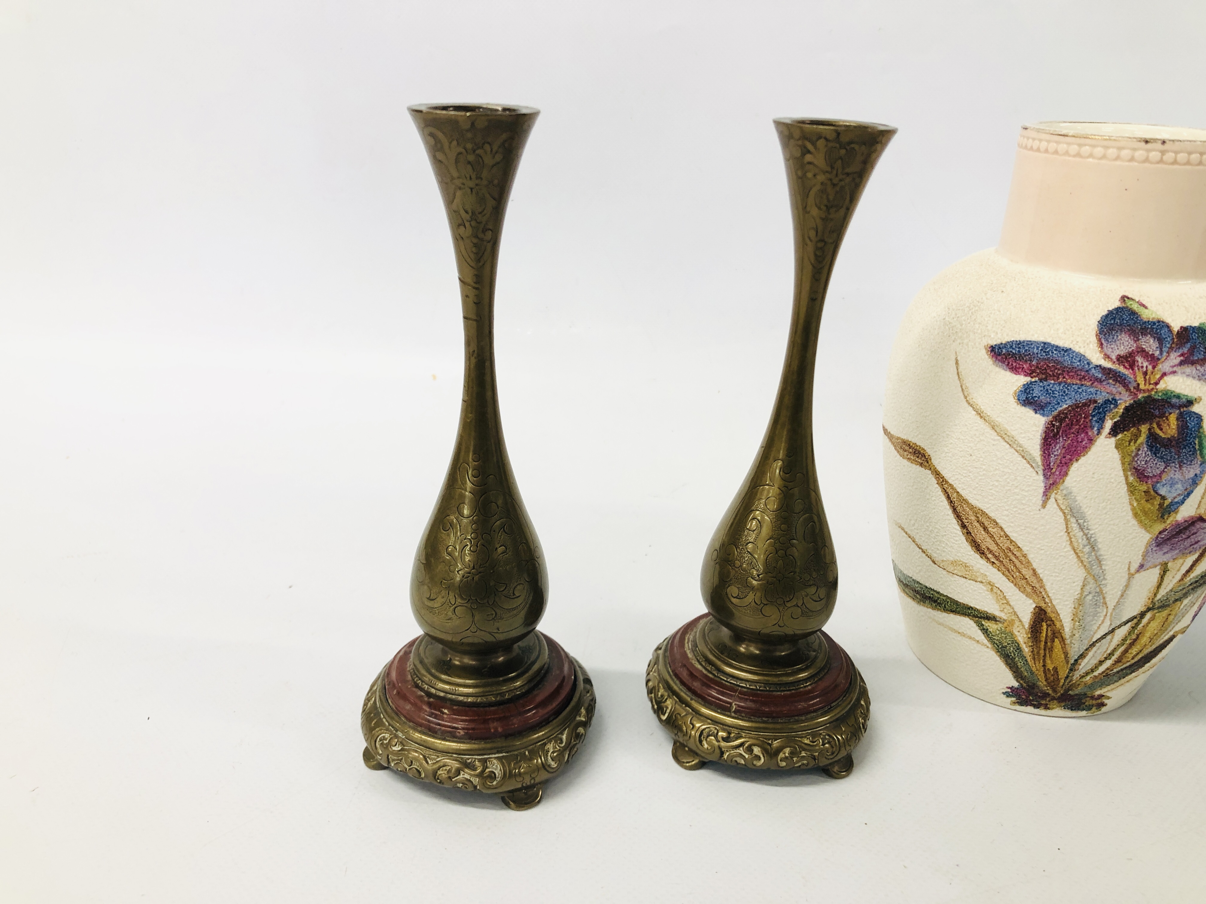 PAIR ANTIQUE VICTORIAN BRONZE AND MARBLE CANDLESTICKS WITH ENGRAVED DECORATION TOGETHER WITH - Image 2 of 10