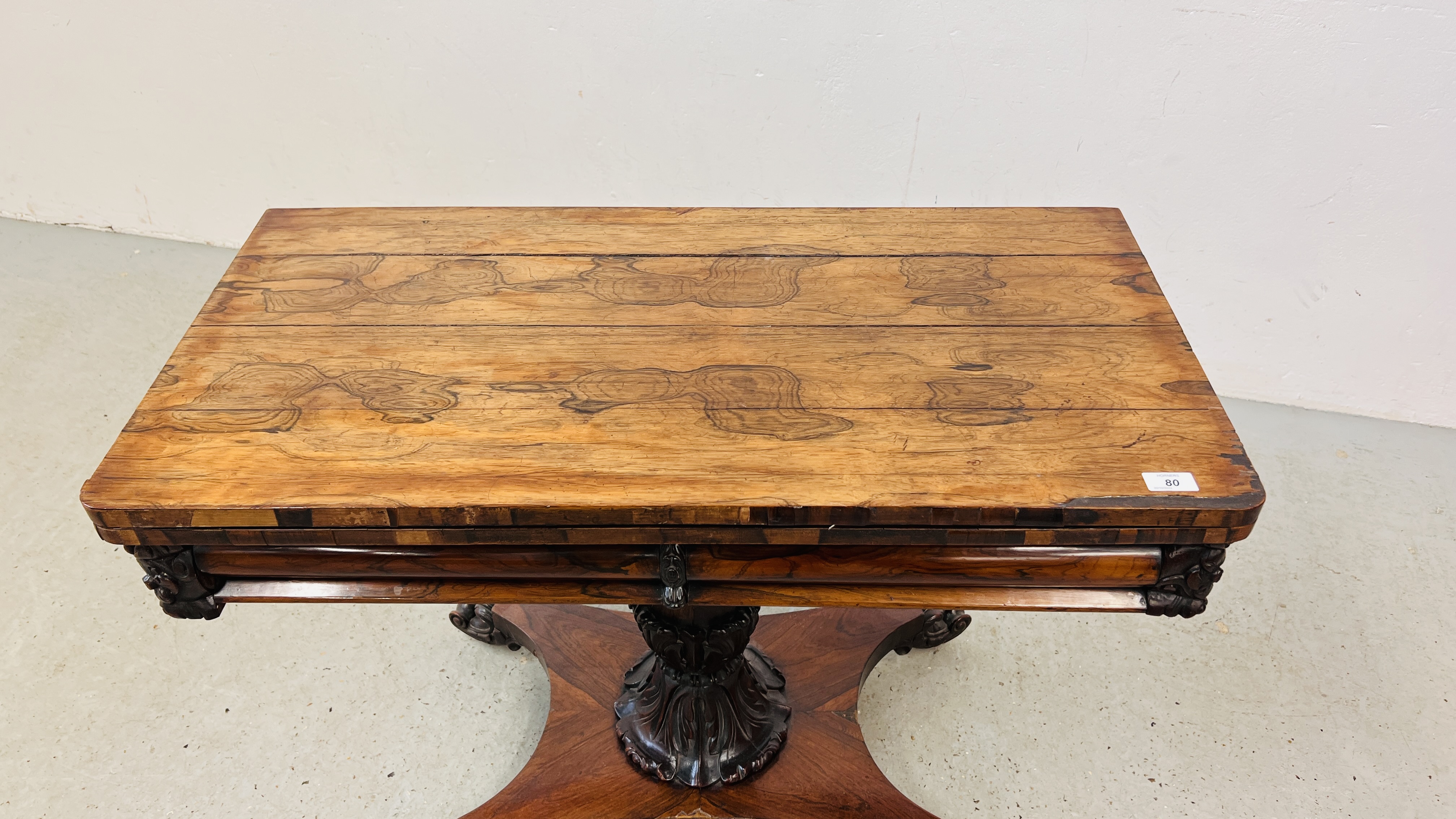 ANTIQUE ROSEWOOD FINISH FOLDING CARD TABLE WITH SCROLLED FEET AND CARVED DETAILING ON SINGLE - Image 2 of 16