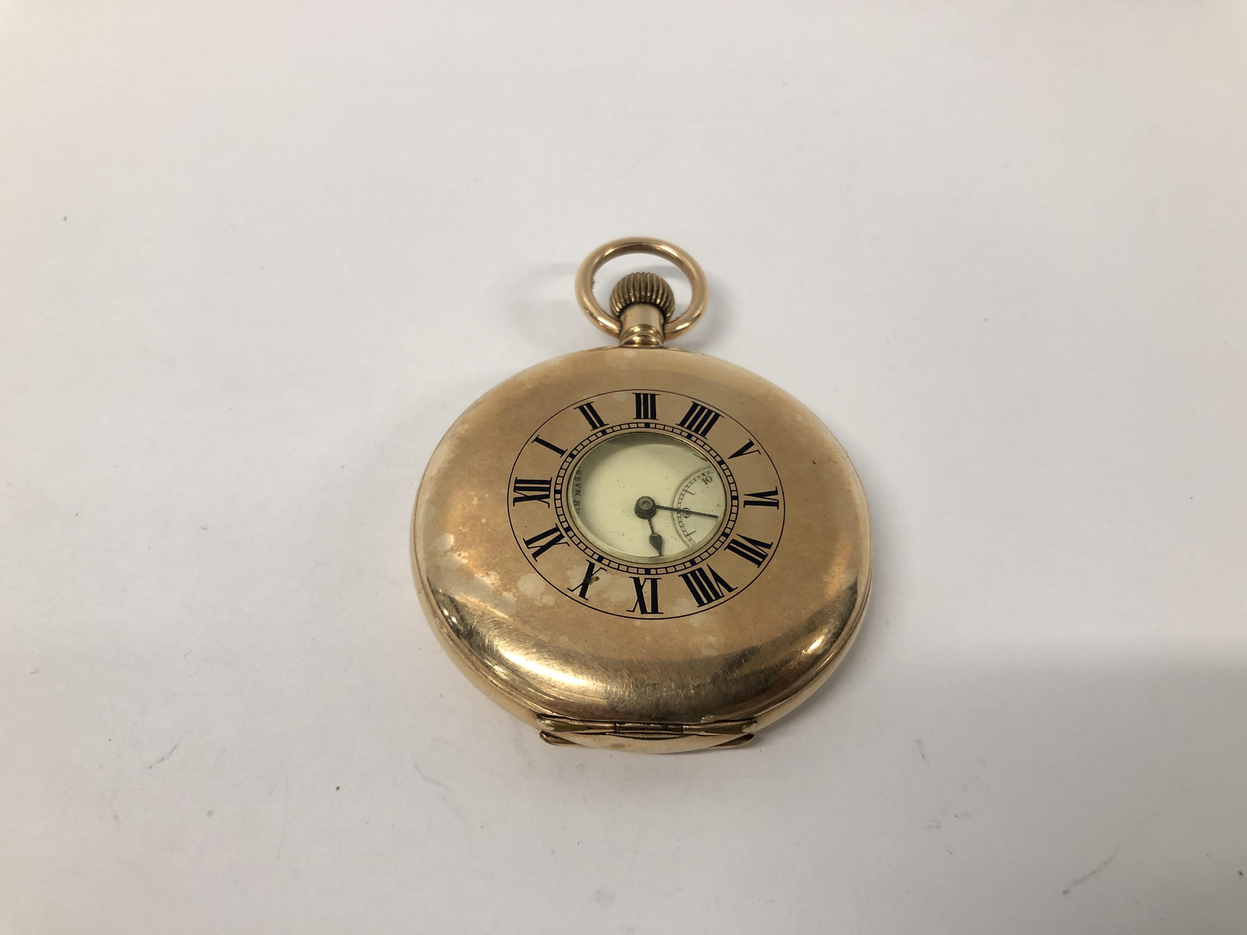 A VINTAGE GOLD PLATED "WALTHAM MASS" POCKET WATCH WITH ENAMELLED DIAL