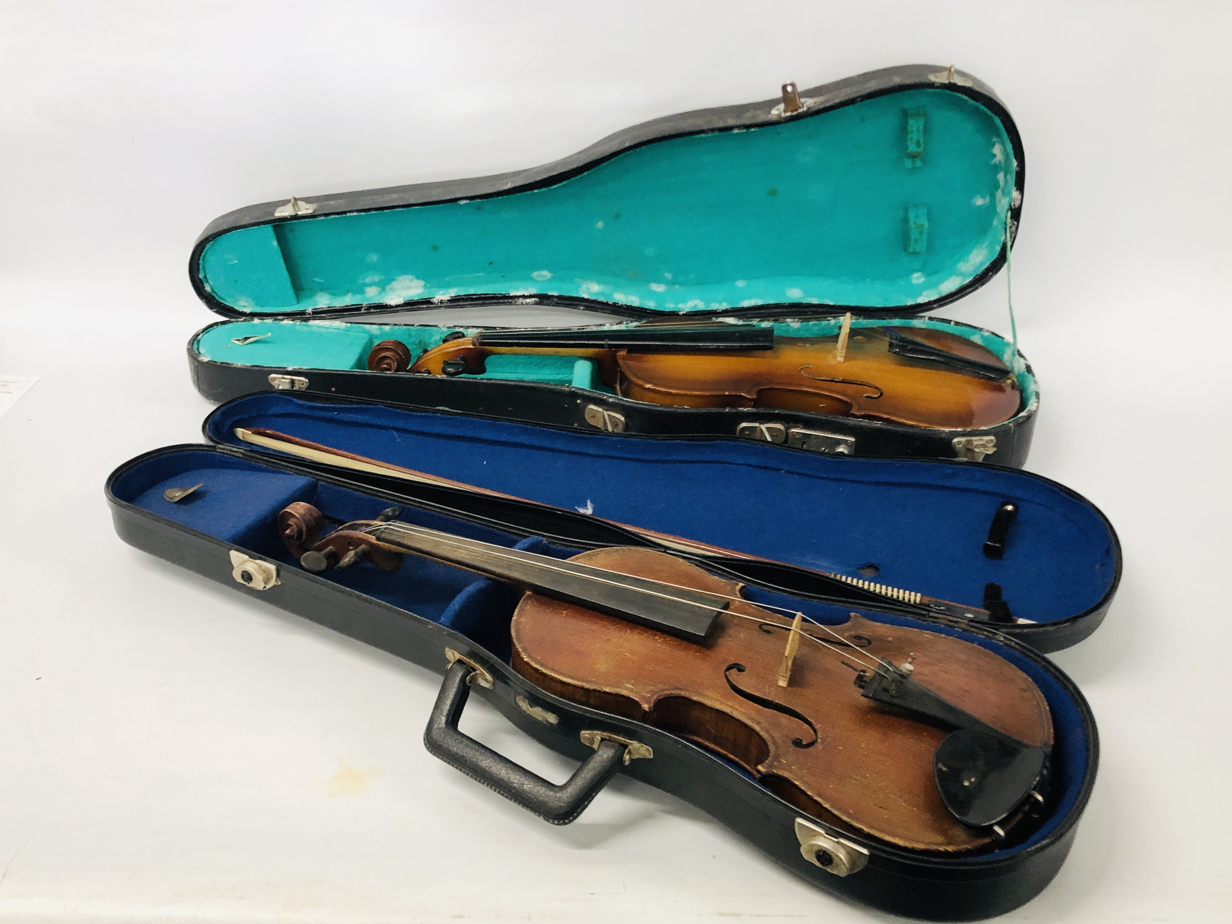 TWO VINTAGE VIOLINS IN FITTED HARD CASES