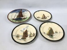 4 X ROYAL DOULTON PLATES DEPICTING SAILING CRAFT (LARGER PLATE HAS A RIM CHIP).