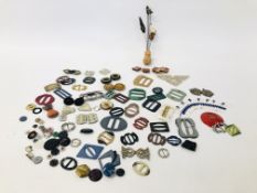 COLLECTION OF VINTAGE BUTTONS, BUCKLES AND HAT PINS ETC.