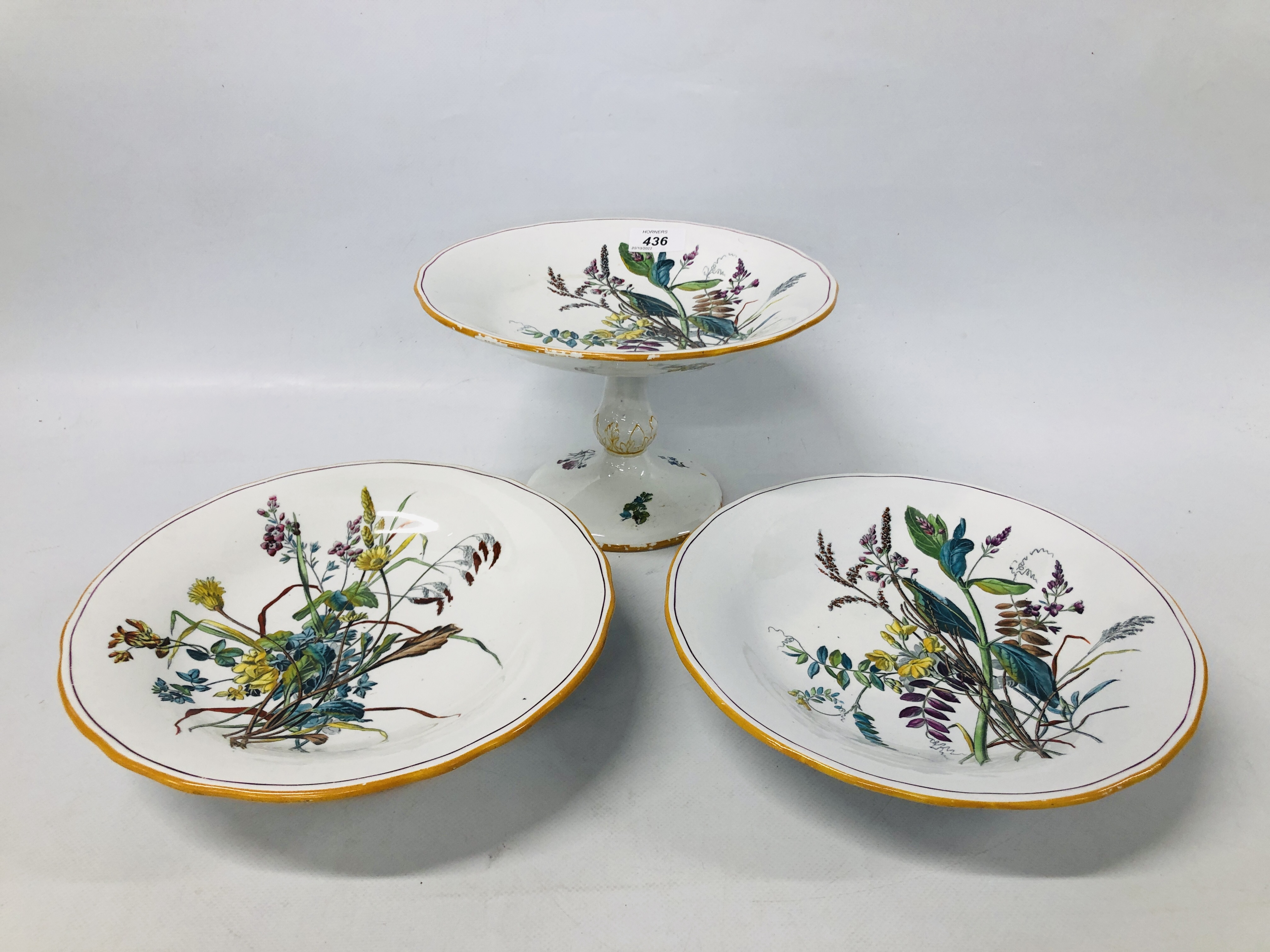 ANTIQUE COPELAND PORCELAIN TAZZA & 2 FOOTED SERVING DISHES PRINTED WITHH WILD FLOWERS,