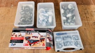 THREE BOXES CONTAINING CASTORS AND TROLLEY WHEELS PLUS JUBILEE CLIP SELECTION KIT AND BOXED POWER