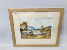 A FRAMED AND MOUNTED HIGHLAND SCENE BEARING SIGNATURE TOM CAMPBELL, W 35CM X H 24.5CM.