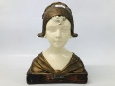 AN ART NOUVEAU POLYCHROME PLASTER BUST BEARING INDISTINCT MAKERS MARK, H 36CM (A/F).