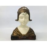 AN ART NOUVEAU POLYCHROME PLASTER BUST BEARING INDISTINCT MAKERS MARK, H 36CM (A/F).