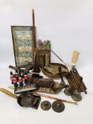 BOX COLLECTIBLES TO INCLUDE CHINESE EMBROIDERED PANEL, TREEN, COPPER HORN ETC.