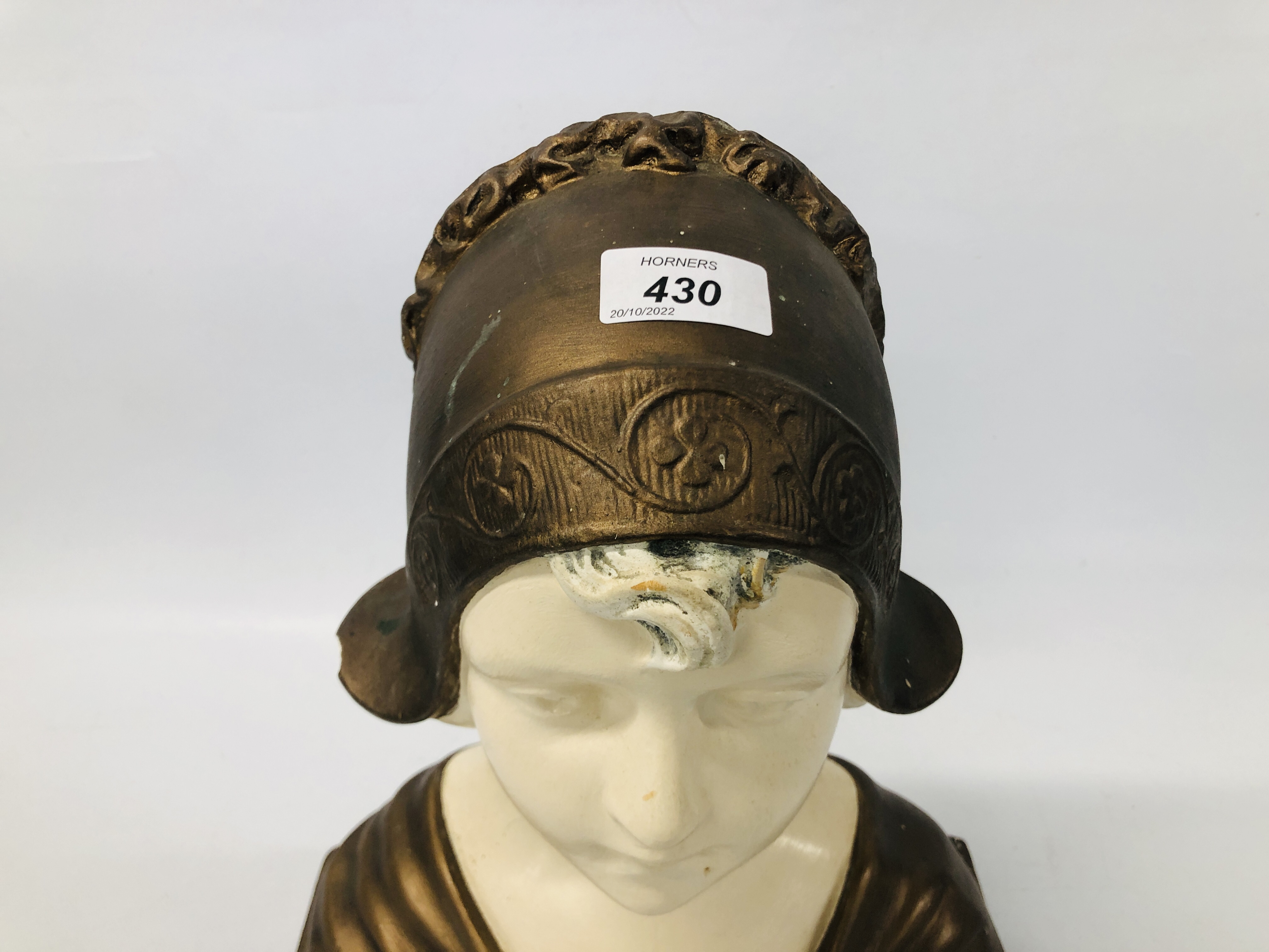 AN ART NOUVEAU POLYCHROME PLASTER BUST BEARING INDISTINCT MAKERS MARK, H 36CM (A/F). - Image 2 of 7