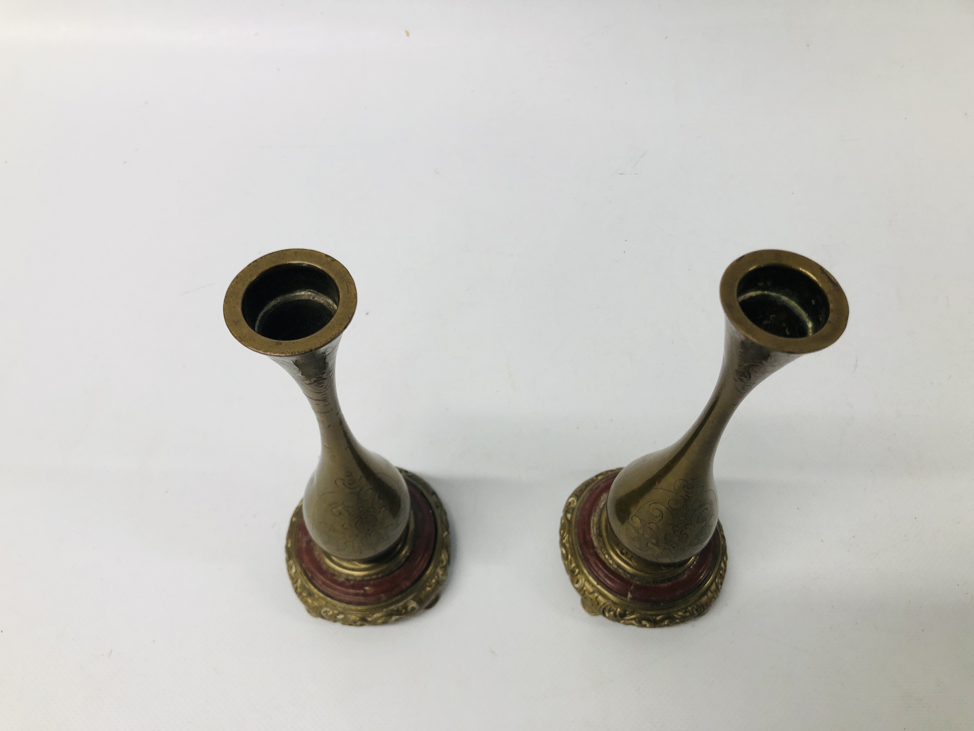 PAIR ANTIQUE VICTORIAN BRONZE AND MARBLE CANDLESTICKS WITH ENGRAVED DECORATION TOGETHER WITH - Image 9 of 10