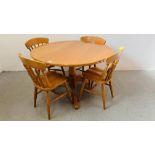 A SOLID MAPLE CIRCULAR TOPPED DINING TABLE ON PEDESTAL BASE ALONG WITH 4 BEACH CHAIRS IN CHERRY