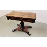 ANTIQUE ROSEWOOD FINISH FOLDING CARD TABLE WITH SCROLLED FEET AND CARVED DETAILING ON SINGLE