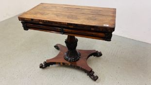 ANTIQUE ROSEWOOD FINISH FOLDING CARD TABLE WITH SCROLLED FEET AND CARVED DETAILING ON SINGLE