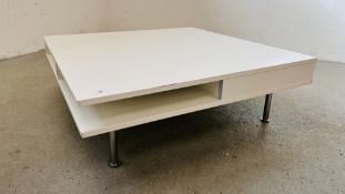 A WHITE HIGH GLOSS FINISH LOW LEVEL CENTRE TABLE WITH DRAWERS W 95CM, D 95CM, H 31CM.