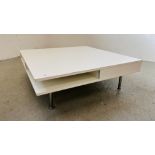 A WHITE HIGH GLOSS FINISH LOW LEVEL CENTRE TABLE WITH DRAWERS W 95CM, D 95CM, H 31CM.