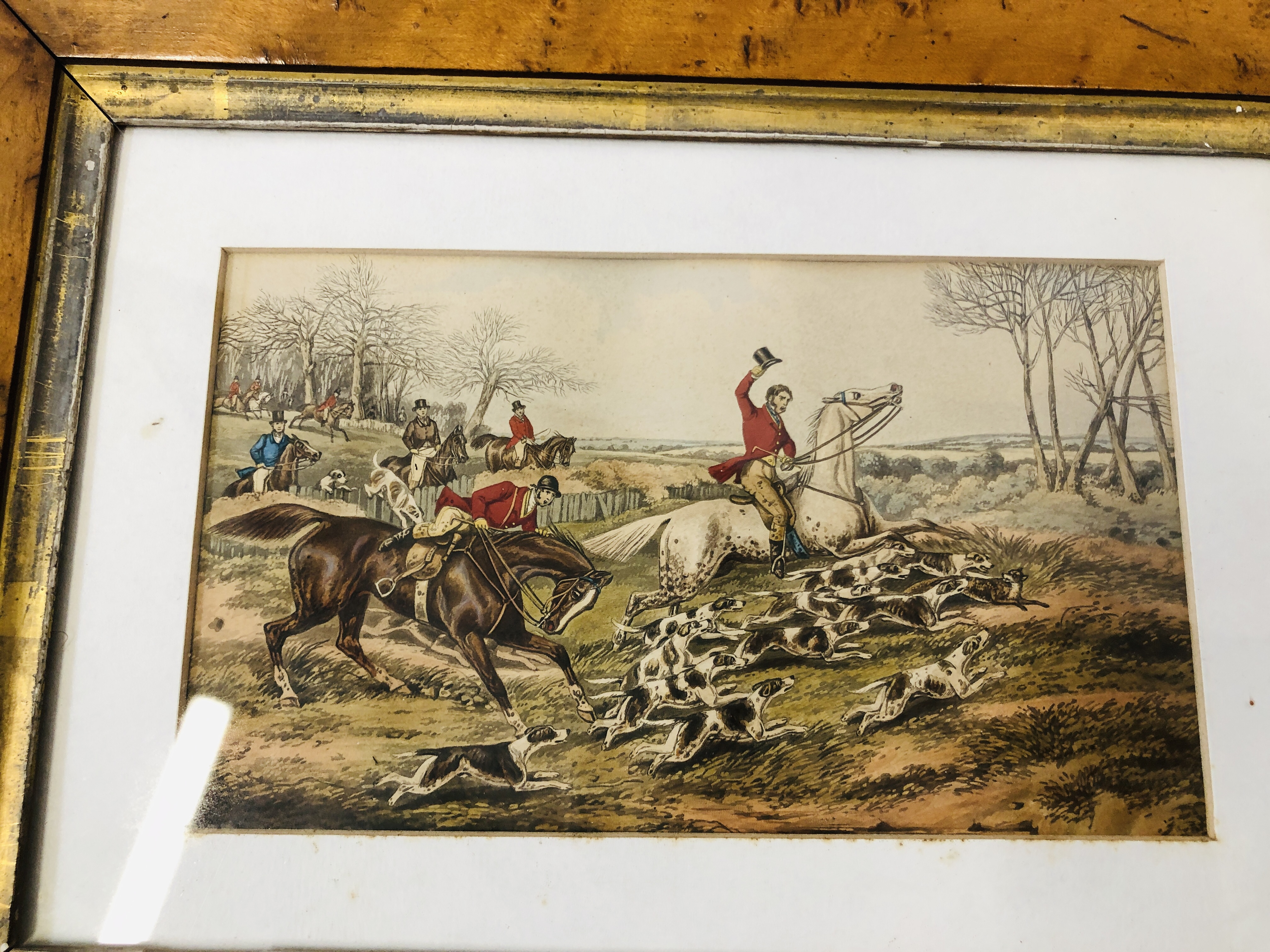 A PAIR OF C19th HUNTING PRINTS IN MAPLE FRAMES, 10. - Image 3 of 8