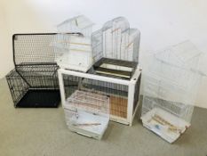 FIVE METAL AVERY BIRD CAGES ALONG WITH A SMALL FOLDABLE CRATE AND GUARD