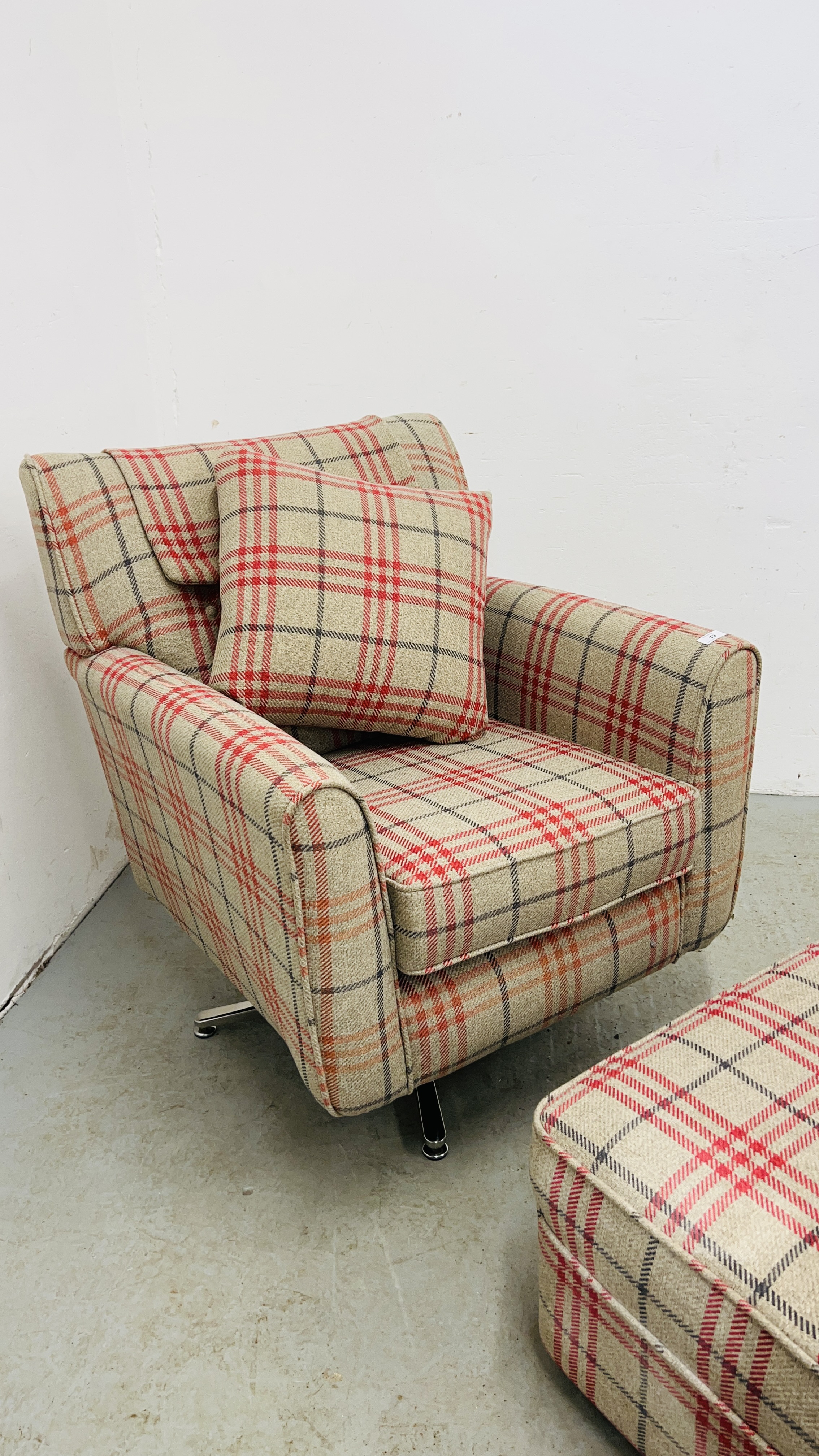 MODERN CHECK PATTERNED EASY CHAIR WITH REVOLVING ACTION AND MATCHING FOOTSTOOL. - Image 7 of 10