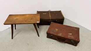 TWO VINTAGE TRAVEL CASES + YEW WOOD OCCASIONAL TABLE.