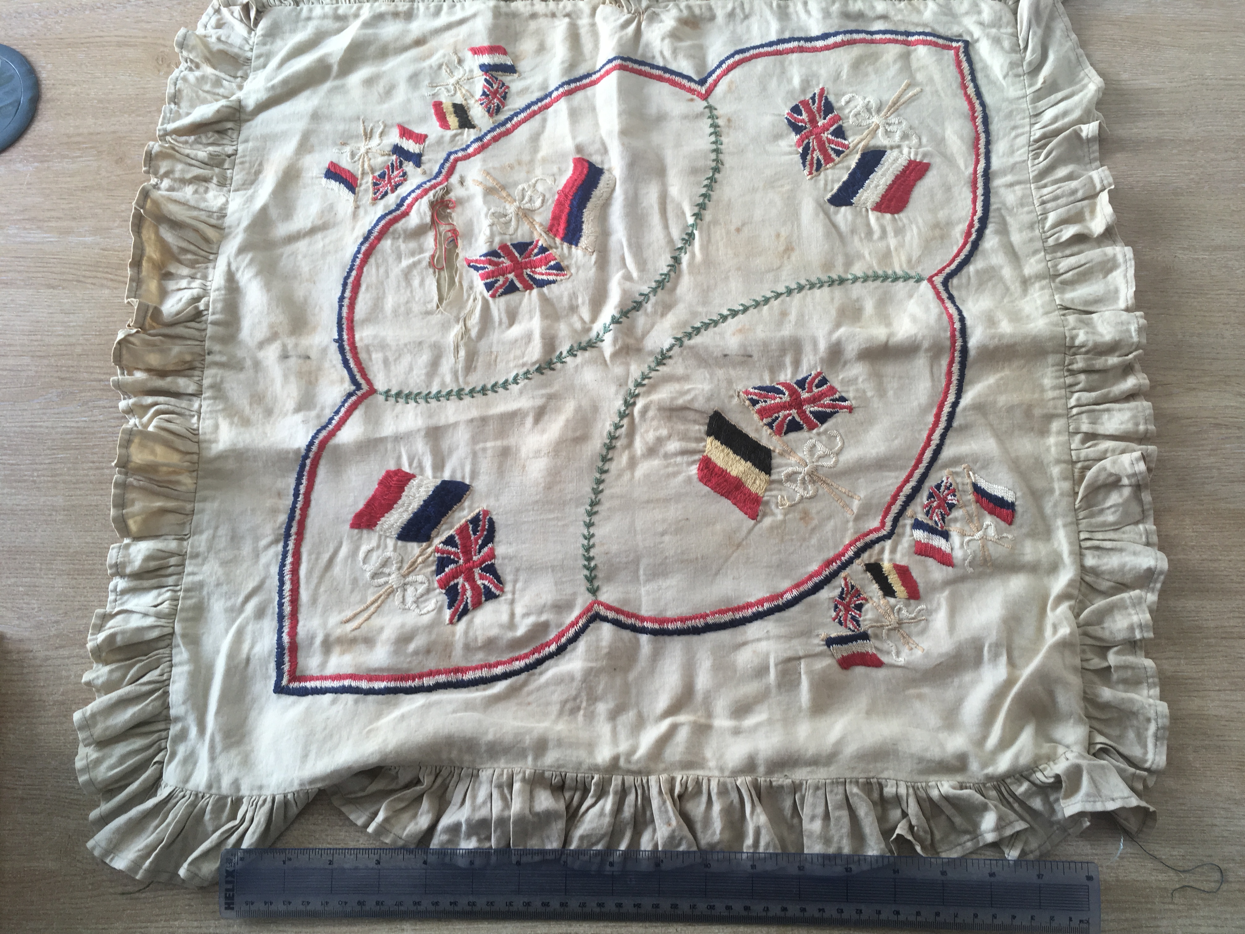 CIRCA WWI CUSHION COVERS, TWO EMBROIDERED AND ONE PAINTED ON SILK (IN POOR CONDITION). - Image 3 of 3