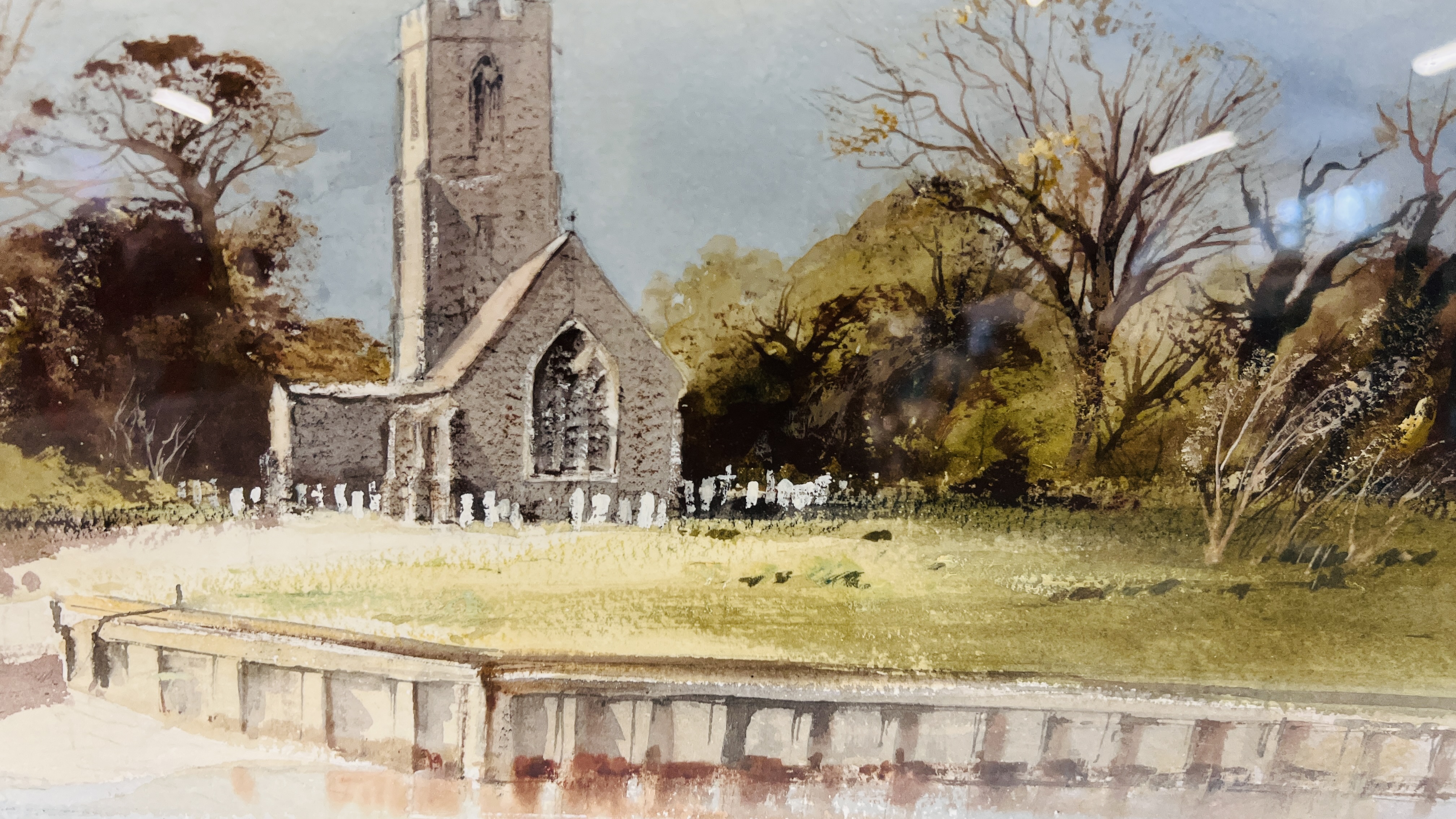 LESLEY MOORE WATERCOLOUR OF A BROADLAND CHURCH 37 X 55CM. - Image 3 of 5