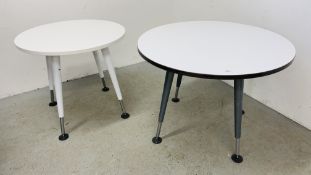 2 X MODERN DESIGNER WHITE FINISH BREAKFAST TABLES WITH CIRCULAR TOPS.